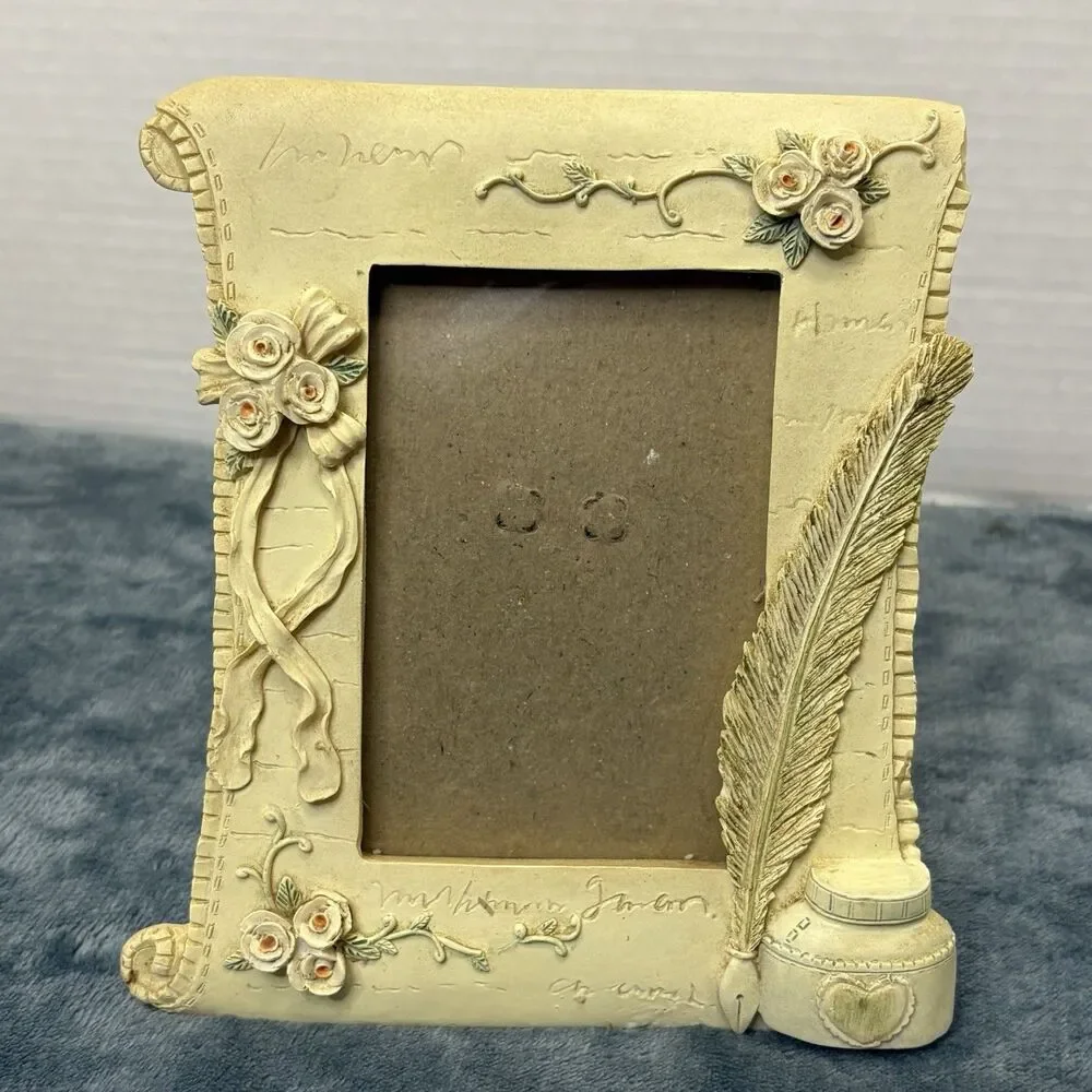 Cream Resin 3D Photo Frame of Inkwell Feather and Roses - 4.25